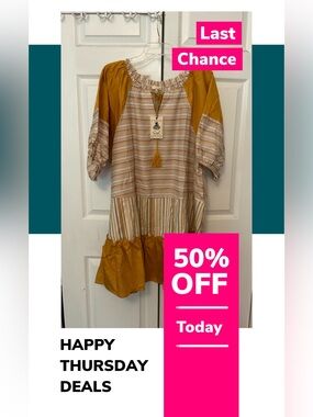 Easel Mustard and Cream Striped Tassel Babydoll Dress Size L/XL/1X Oversized NWT